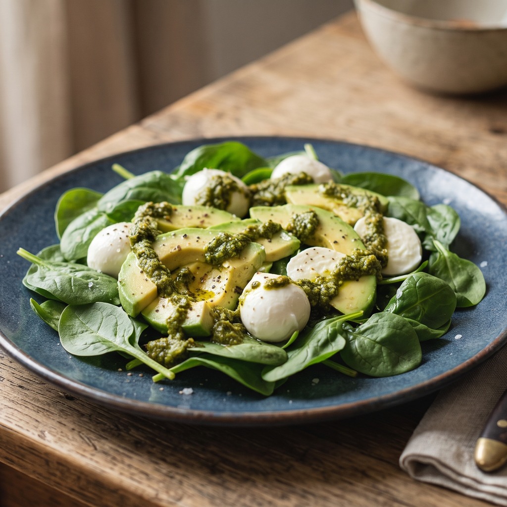Épinards, avocat, mozzarella et pesto