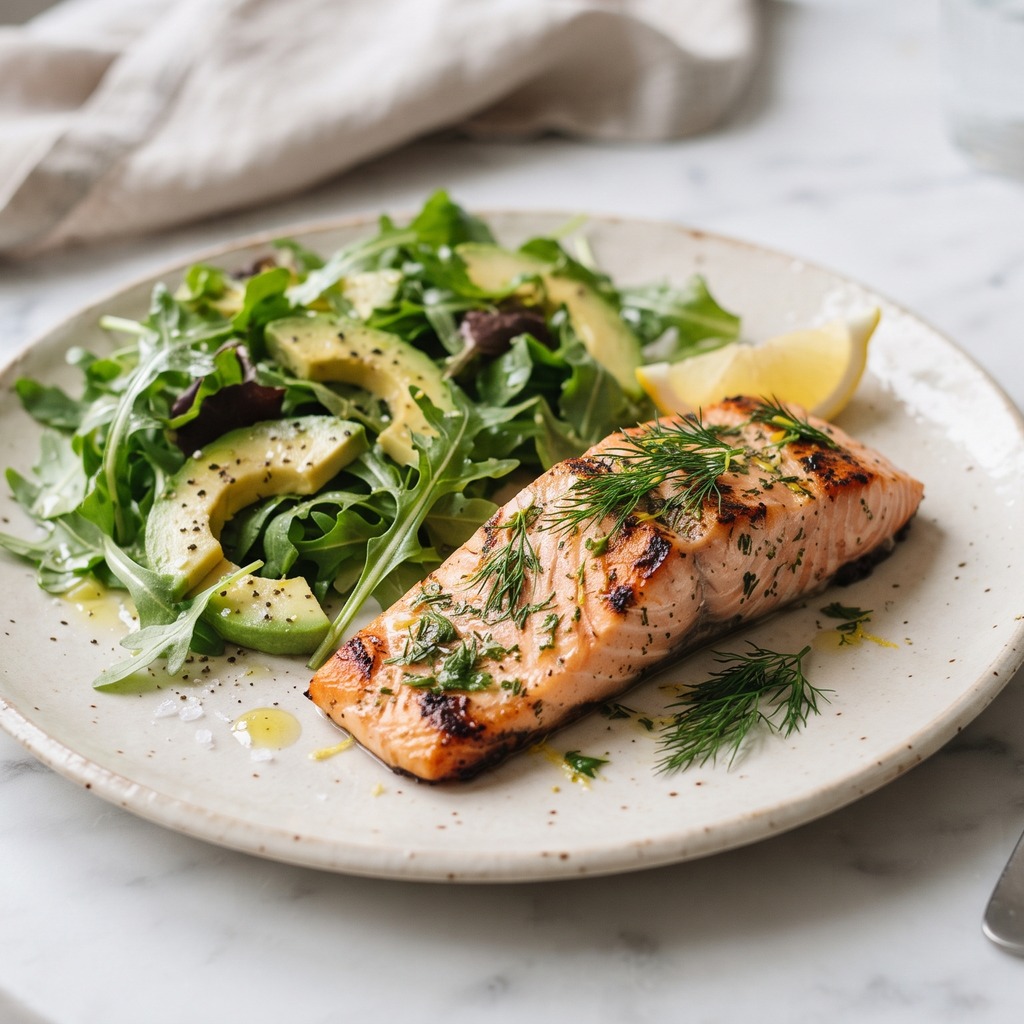 Saumon grillé mariné, salade avocat-roquette