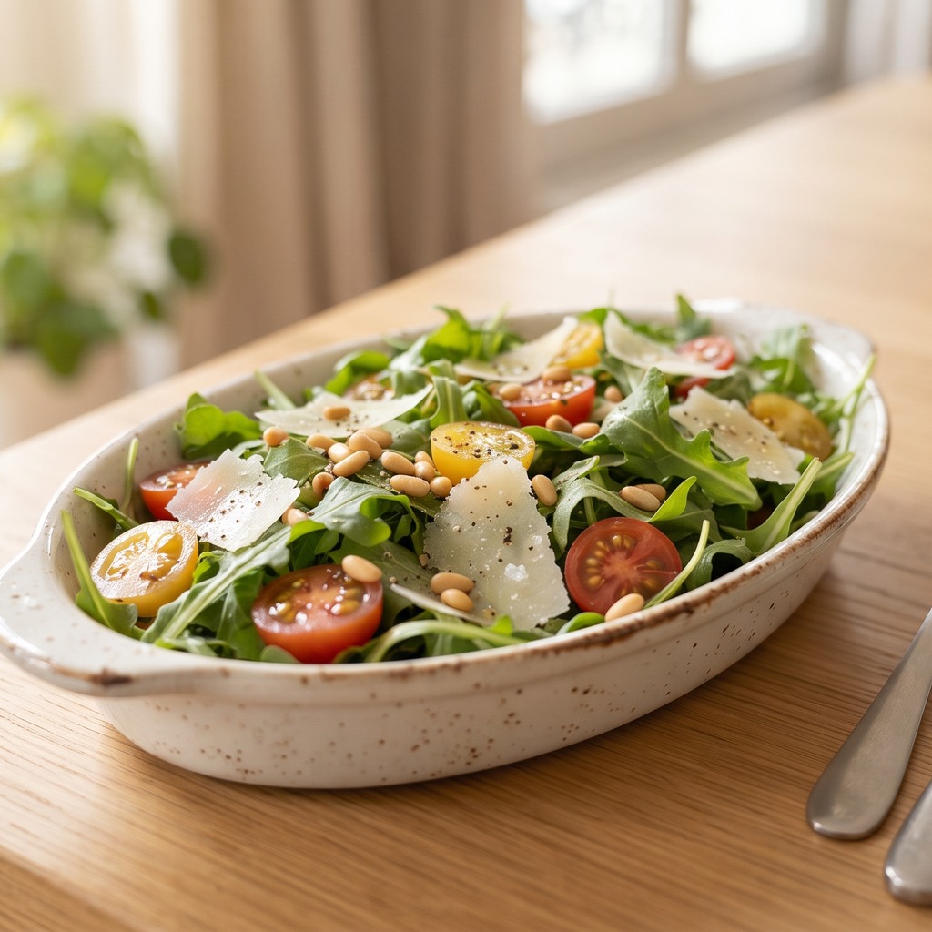 Roquette, tomates cerises et copeaux de parmesan aux pignons