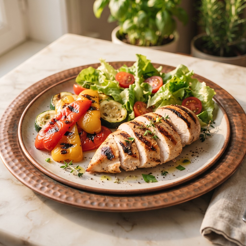 Poulet, poivron et courgette grillés, laitue