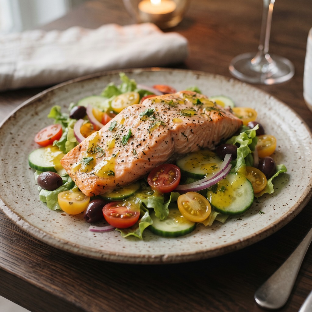 Saumon rôti, tomates cerises et concombre, vinaigrette citronnée
