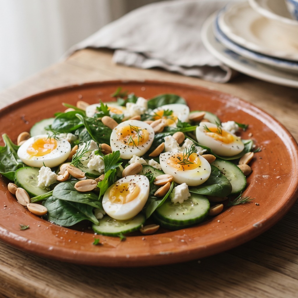 Œufs de caille, épinards, feta et cacahuètes