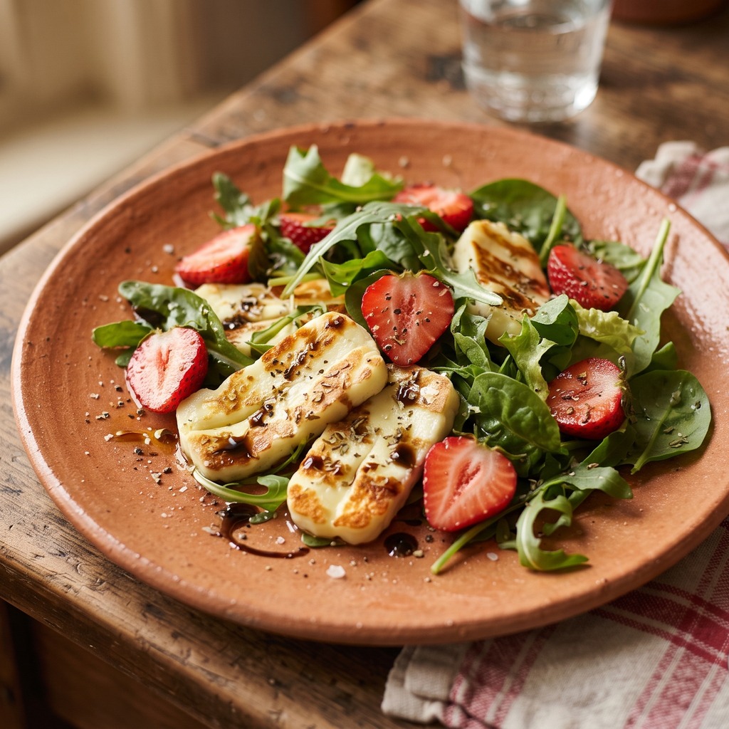 Halloumi grillé, fraises et salade printanière