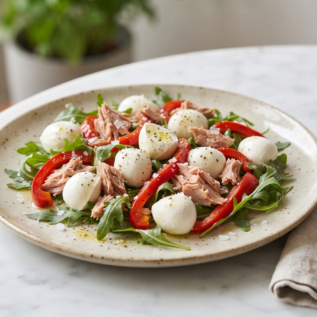 Thon, mozzarella, épinards et roquette