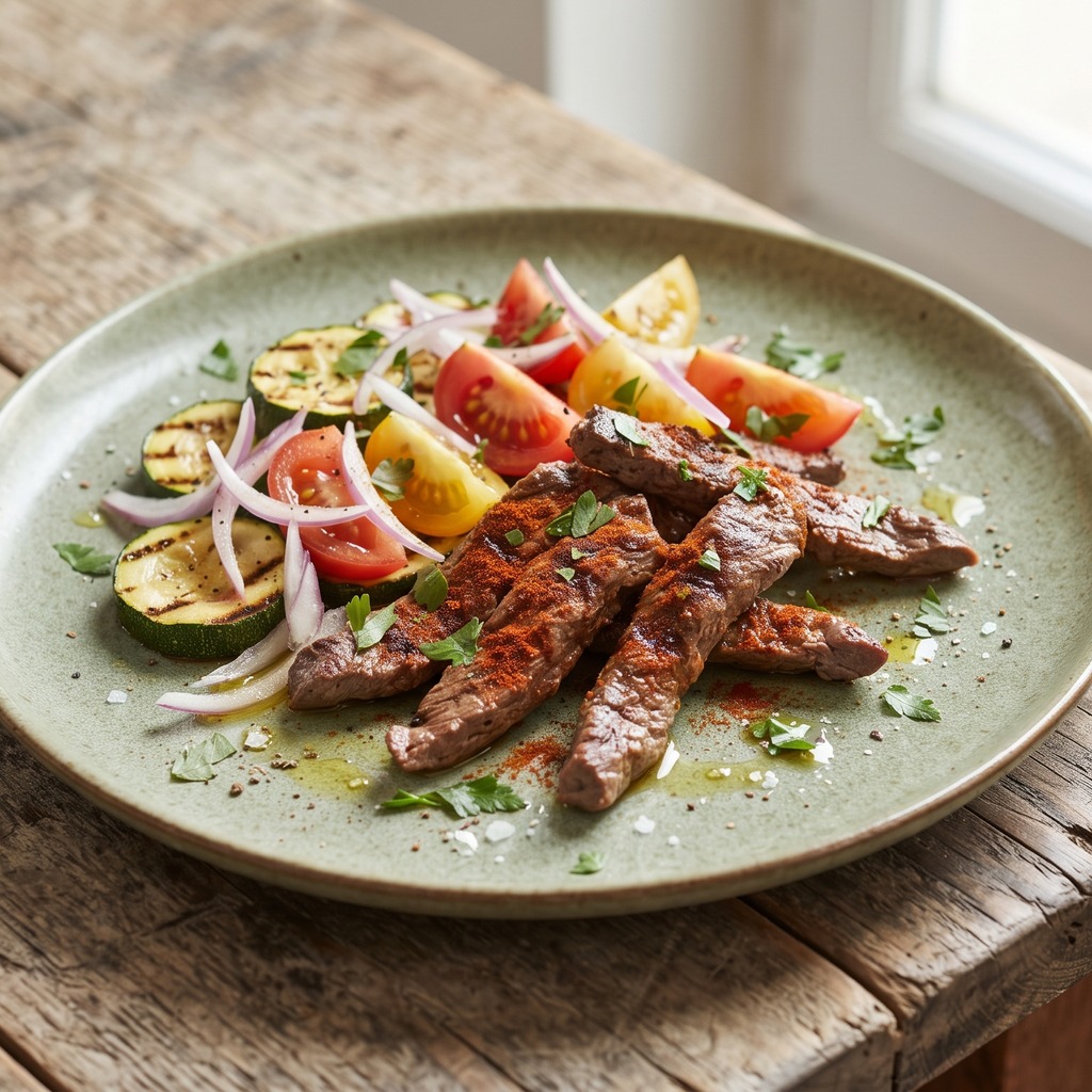 Bœuf grillé au paprika, courgette et tomate