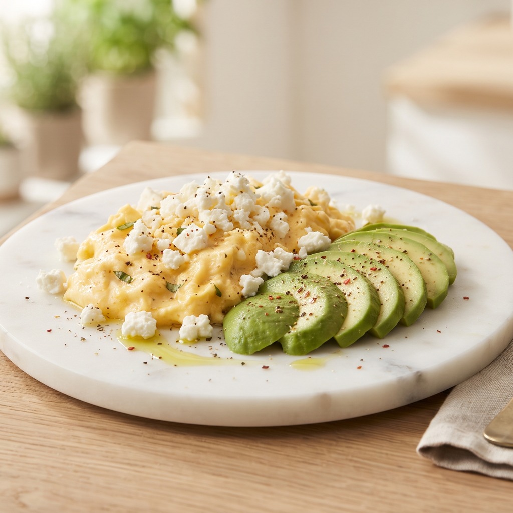 Œufs brouillés à l'italienne, feta et avocat