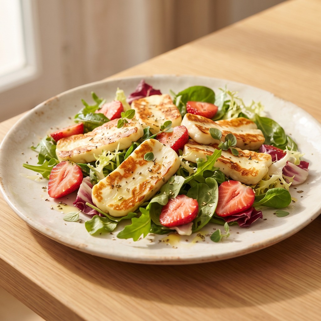 Halloumi grillé, fraises et salade printanière