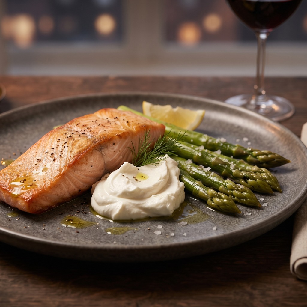 Saumon poêlé, asperges vapeur et fromage à la crème
