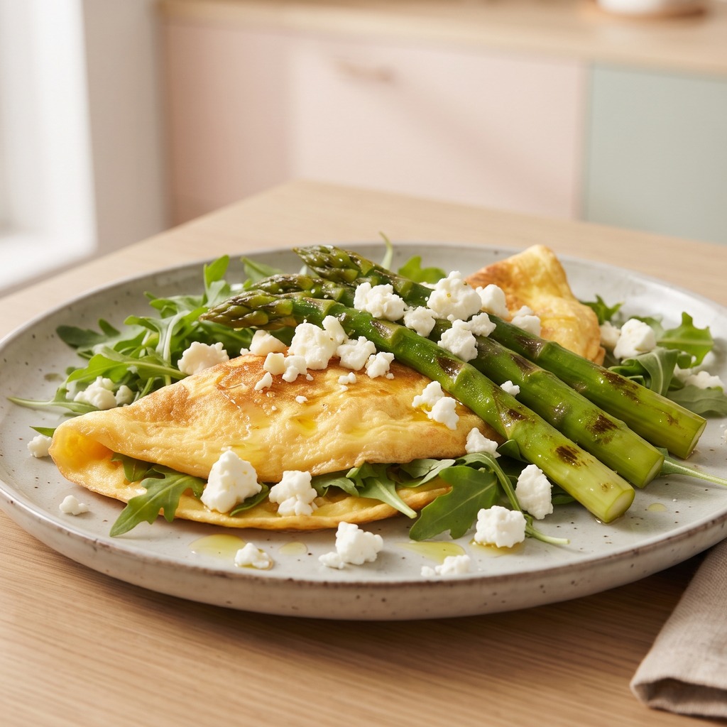 Omelette aux asperges croquantes, feta et roquette