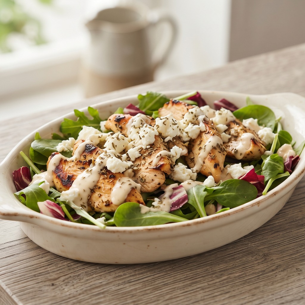 Poulet mariné à l'origan, feta et vinaigrette mayo-ail