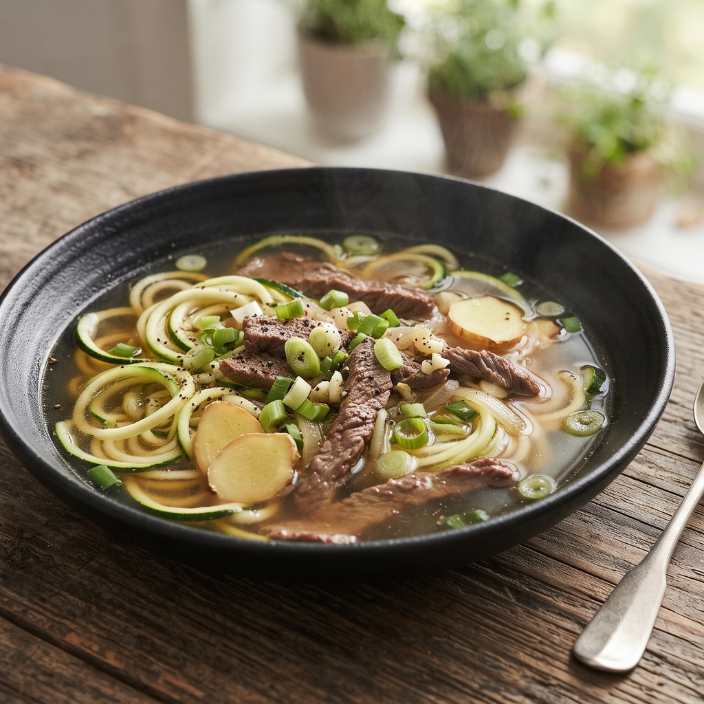 Bouillon de bœuf, nouilles de courgette et gingembre