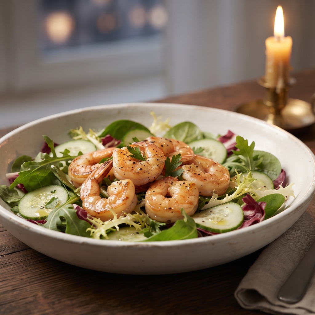 Crevettes poêlées, salade printanière et concombre
