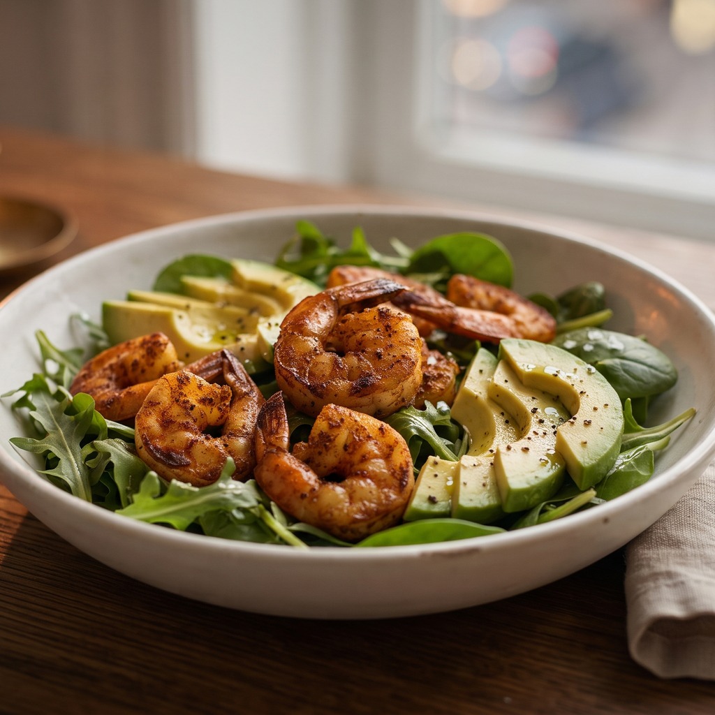 Crevettes au paprika, roquette, épinards et avocat