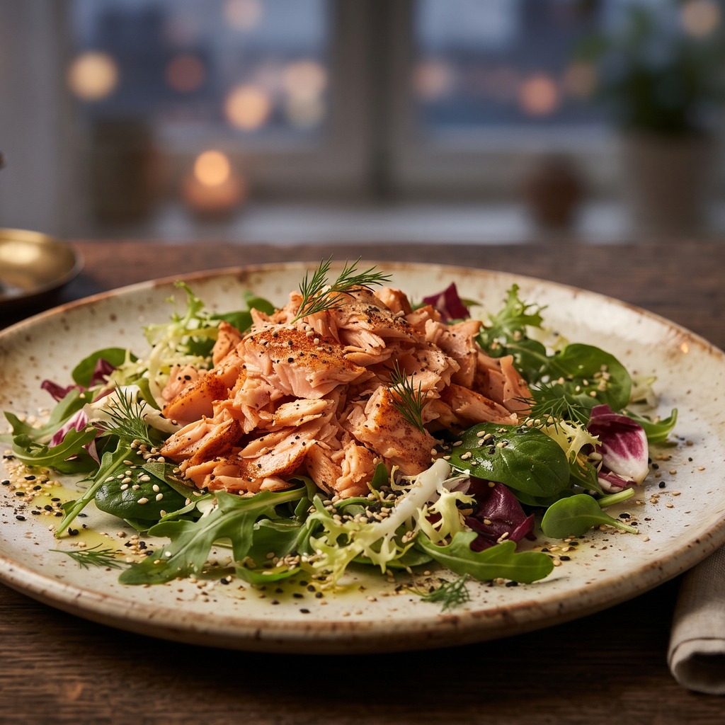 Saumon émietté au paprika, salade printanière et sésame
