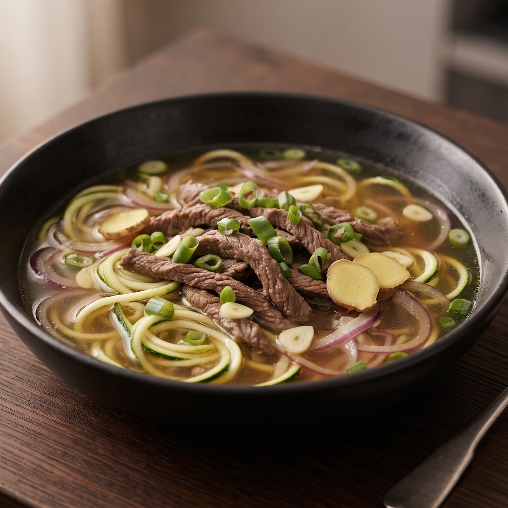 Bouillon de bœuf à l'oignon rouge, nouilles de courgette