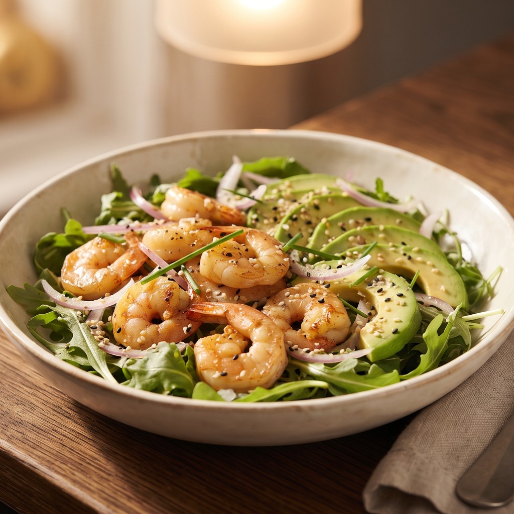 Bol de crevettes à l'ail, avocat, roquette et sésame
