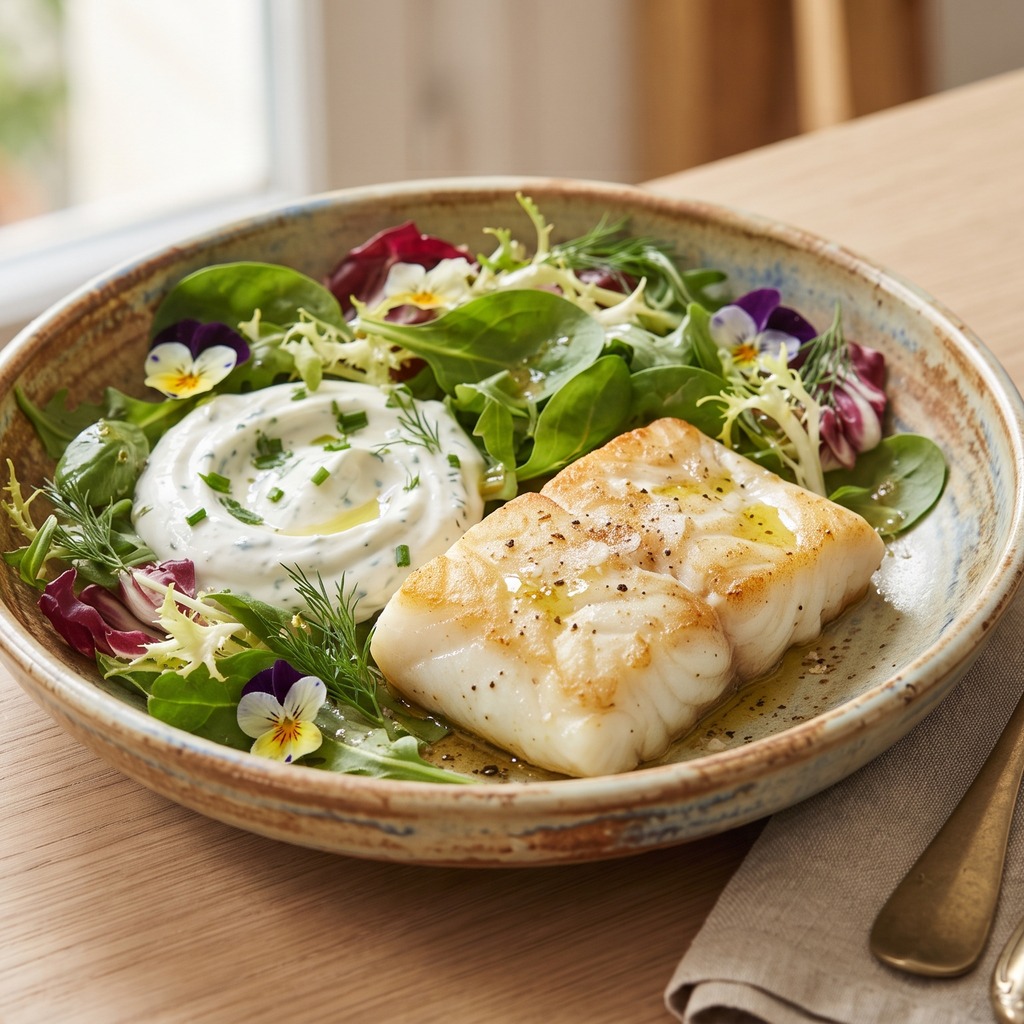 Morue poêlée, salade printanière et trempette au fromage frais