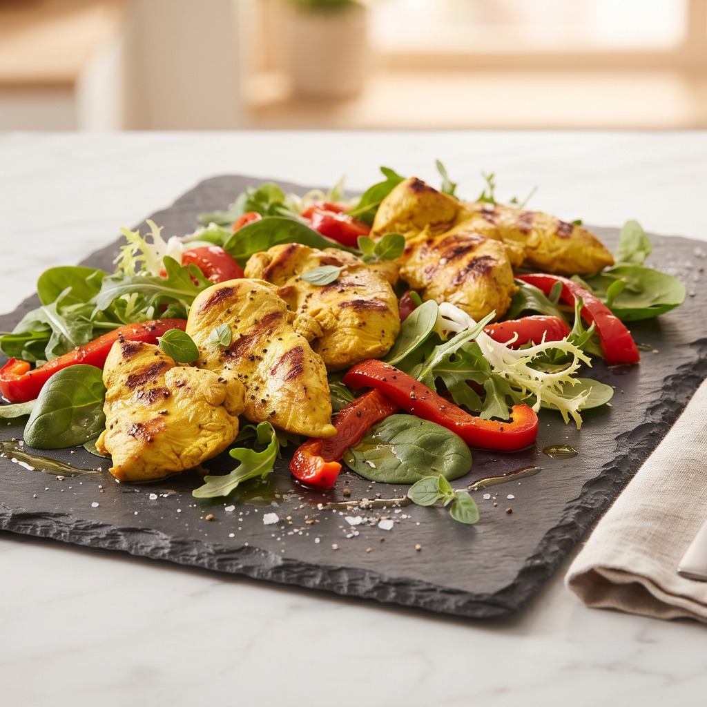 Poulet mariné au curcuma, salade et poivron