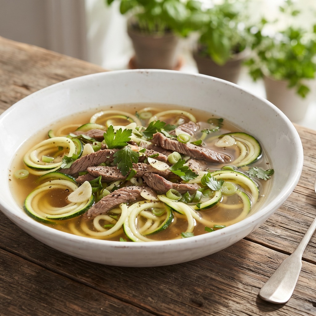 Bouillon de bœuf à l'ail, nouilles de courgette et persil