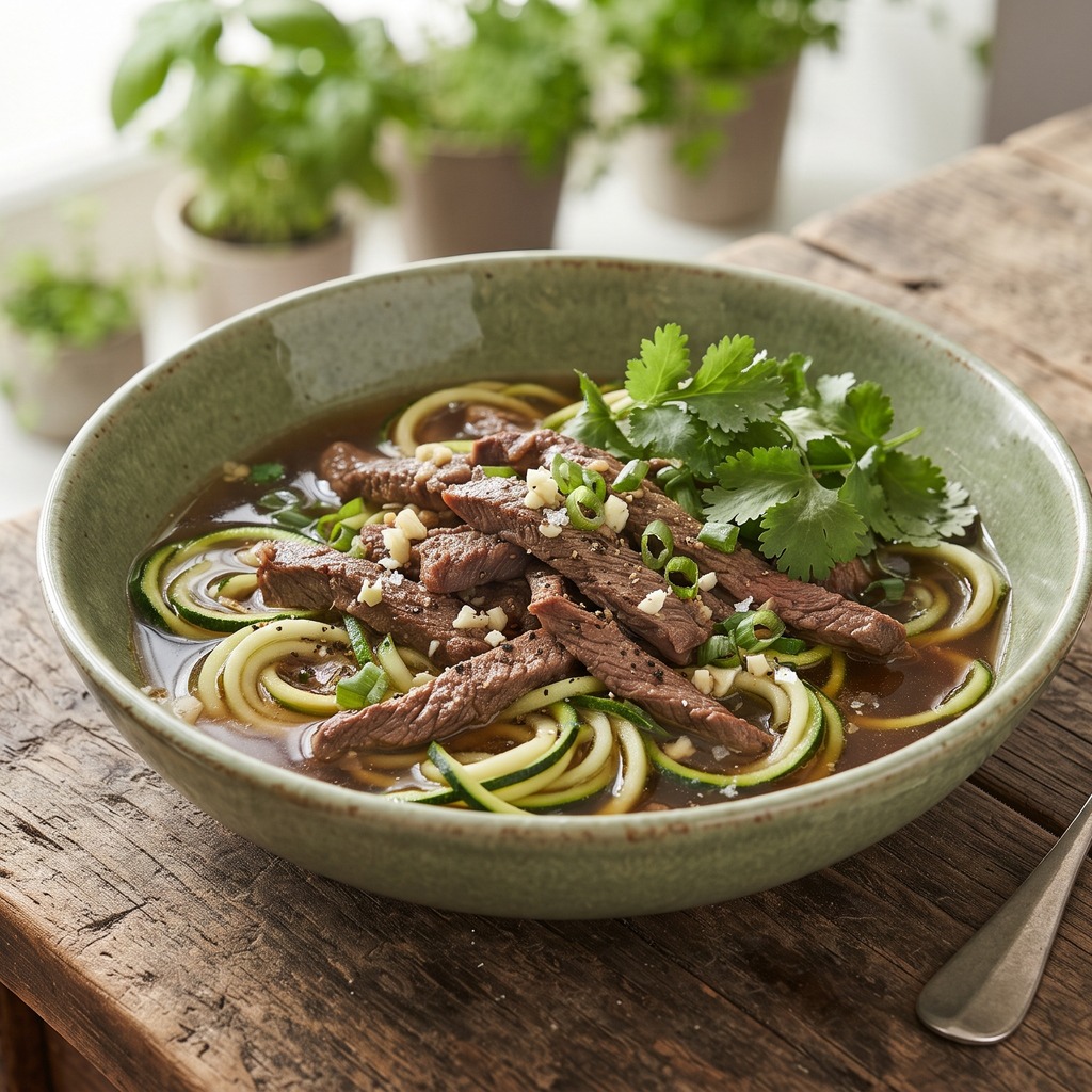 Ramen keto au bœuf, nouilles de courgette et coriandre