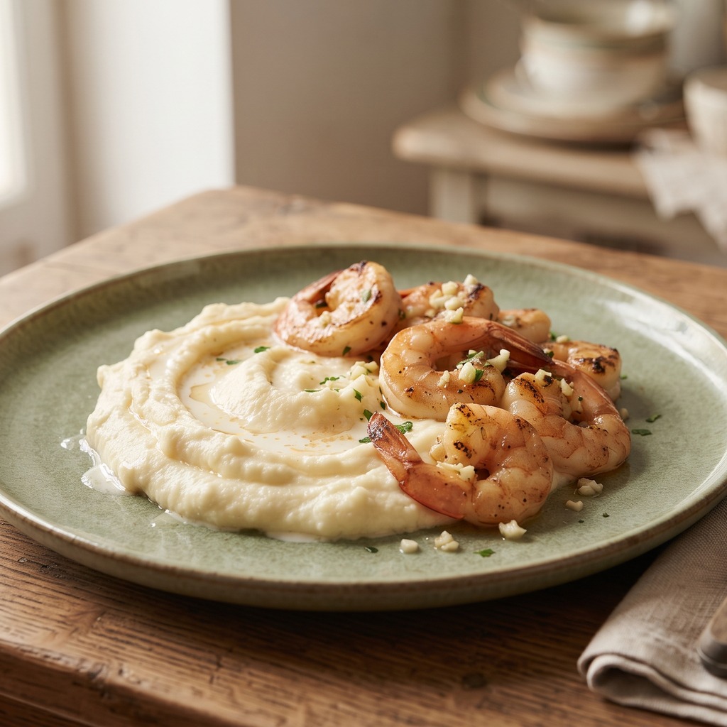 Crevettes poêlées, purée de chou-fleur à l'ail