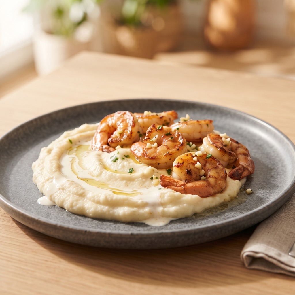 Crevettes poêlées, purée de chou-fleur à l'ail