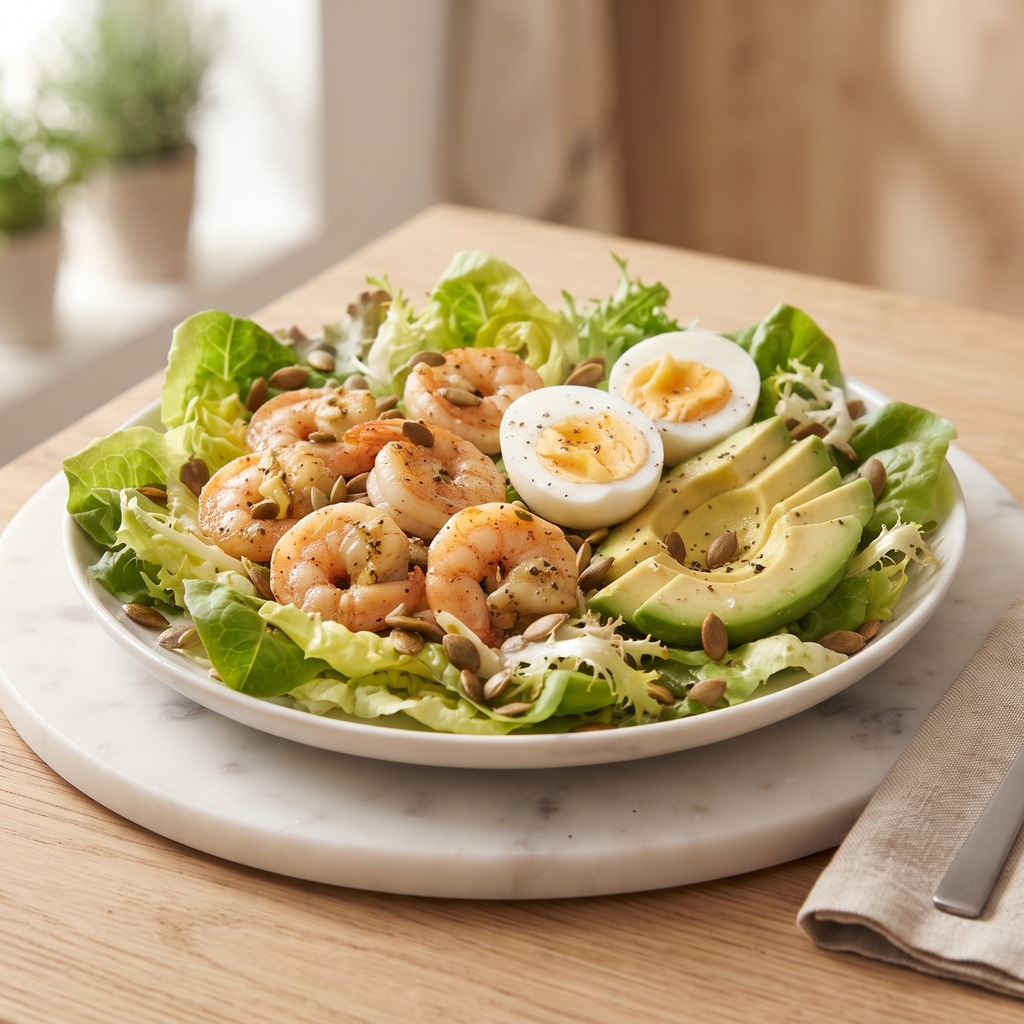 Bol de crevettes, œuf dur, avocat et graines de courge