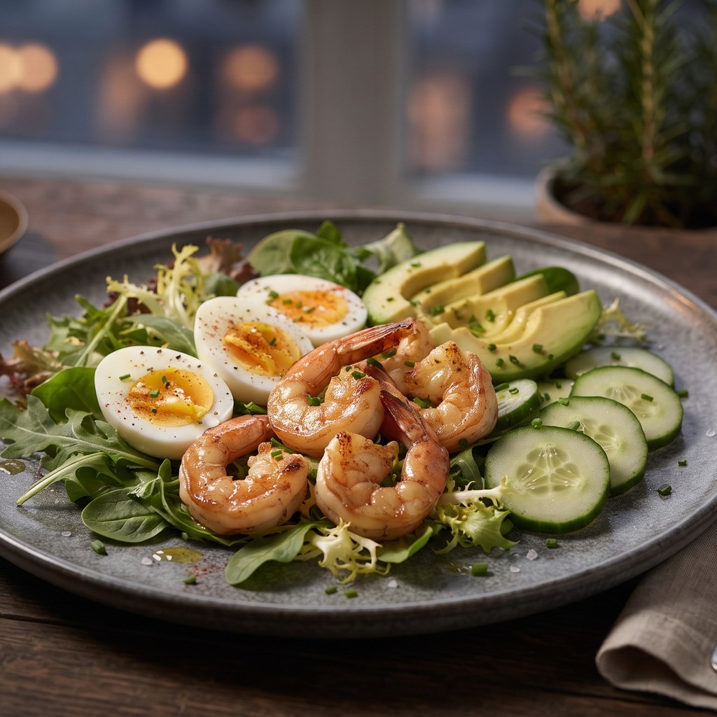 Bol de crevettes marinées au paprika, œuf dur et avocat