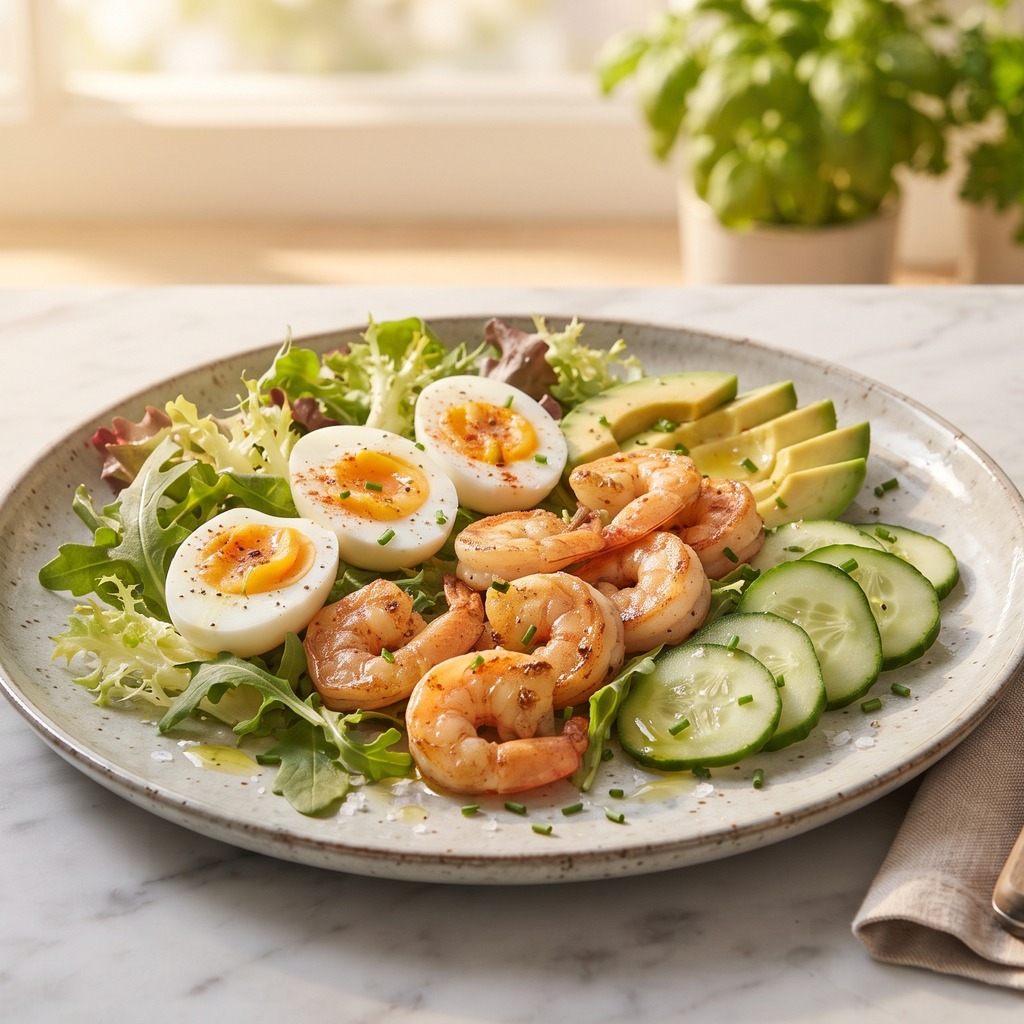 Bol de crevettes marinées au paprika, œuf dur et avocat