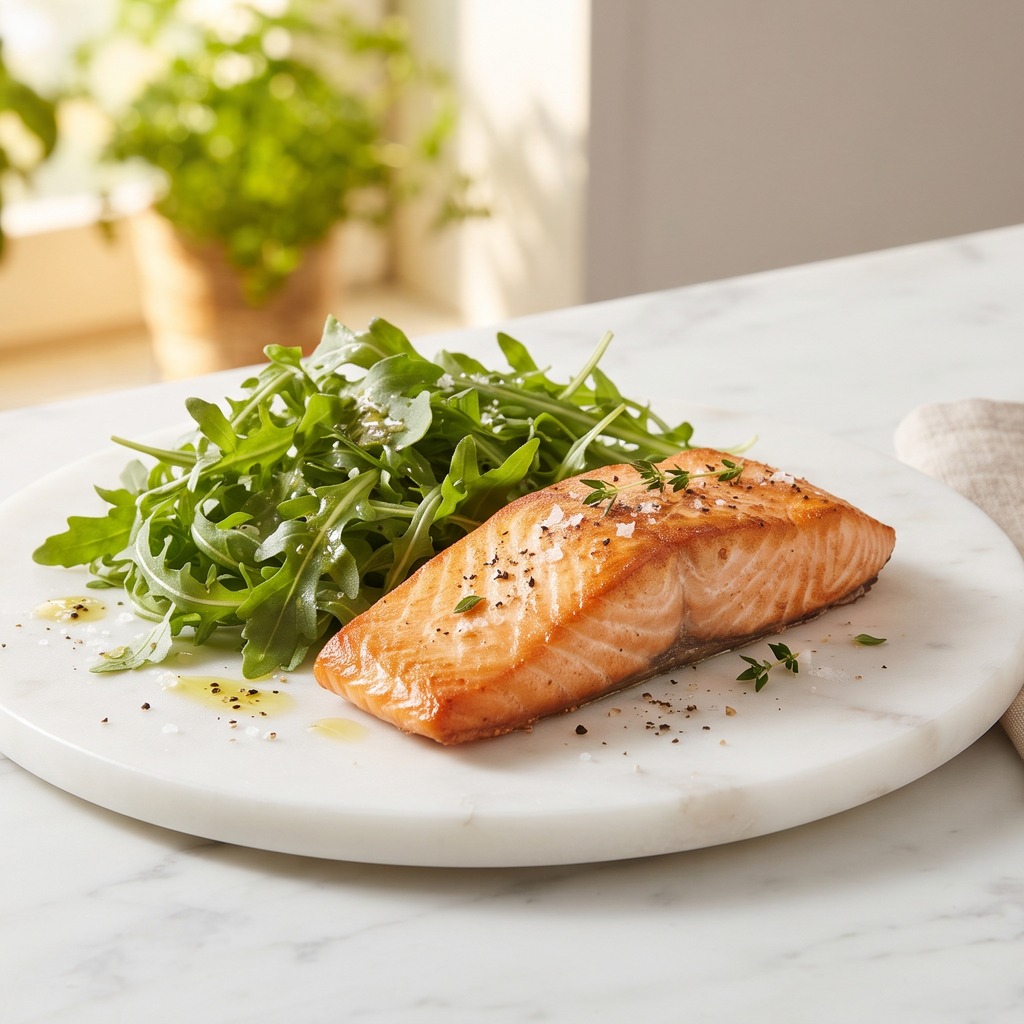 Saumon grillé à l'ail, roquette et tomates cerises