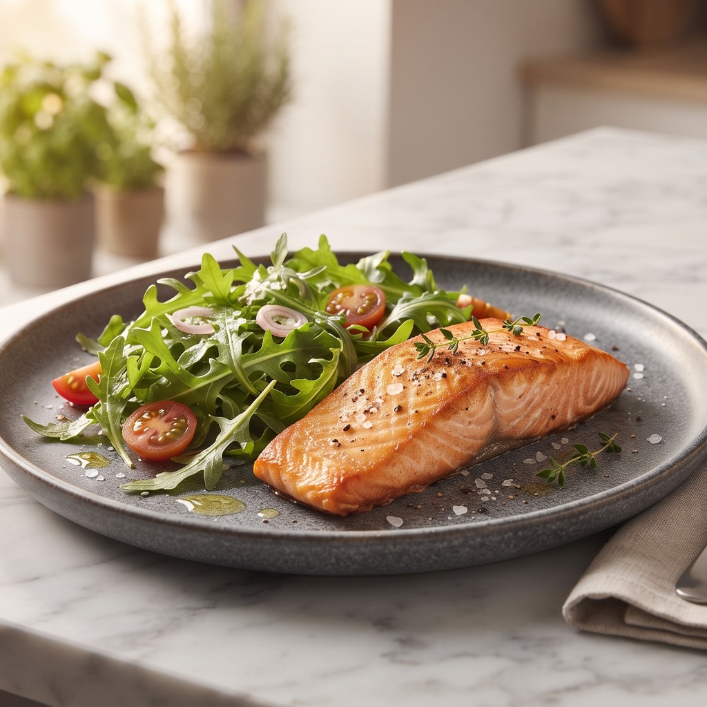 Saumon grillé à l'ail, roquette et tomates cerises