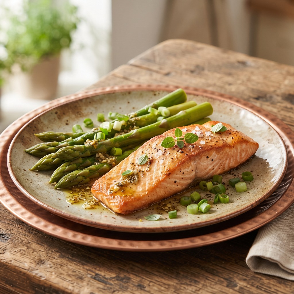 Saumon poêlé, asperges vapeur et vinaigrette à l'origan