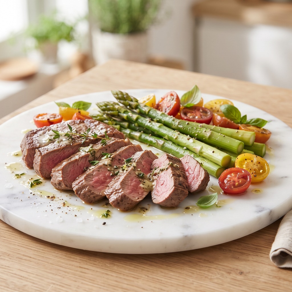 Bœuf poêlé à l'ail, asperges vapeur et tomates cerises