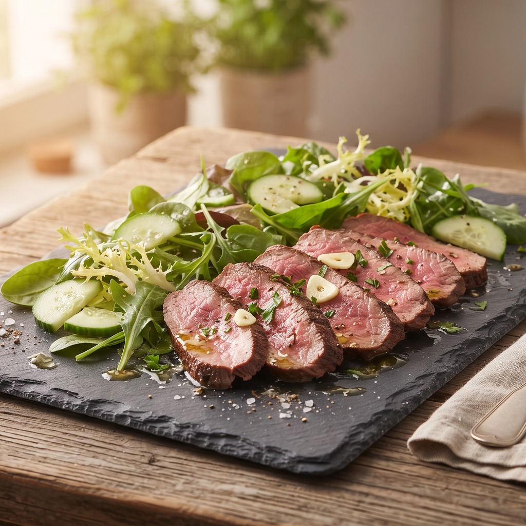 Bœuf saignant à l'ail, salade printanière et concombre
