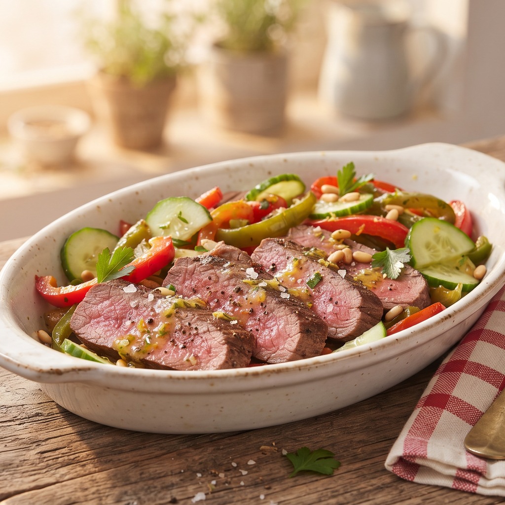Bœuf poêlé, poivron, concombre et vinaigrette citronnée