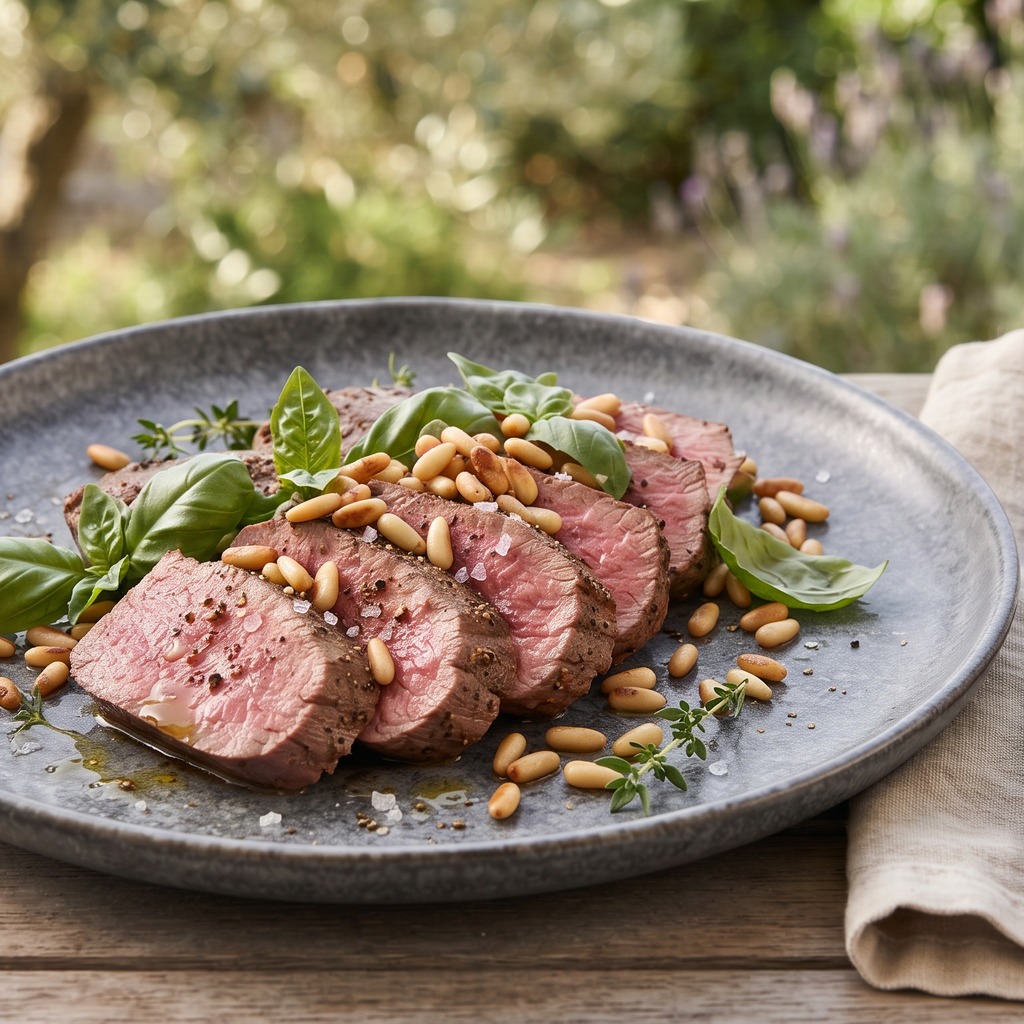 Filet de bœuf mi-cuit, pignons de pin et basilic