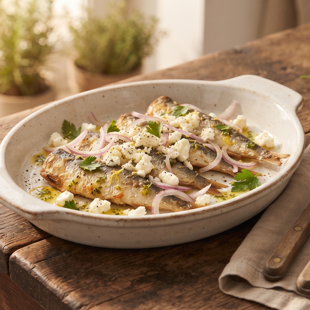 Sardines poêlées, feta et vinaigrette citronnée