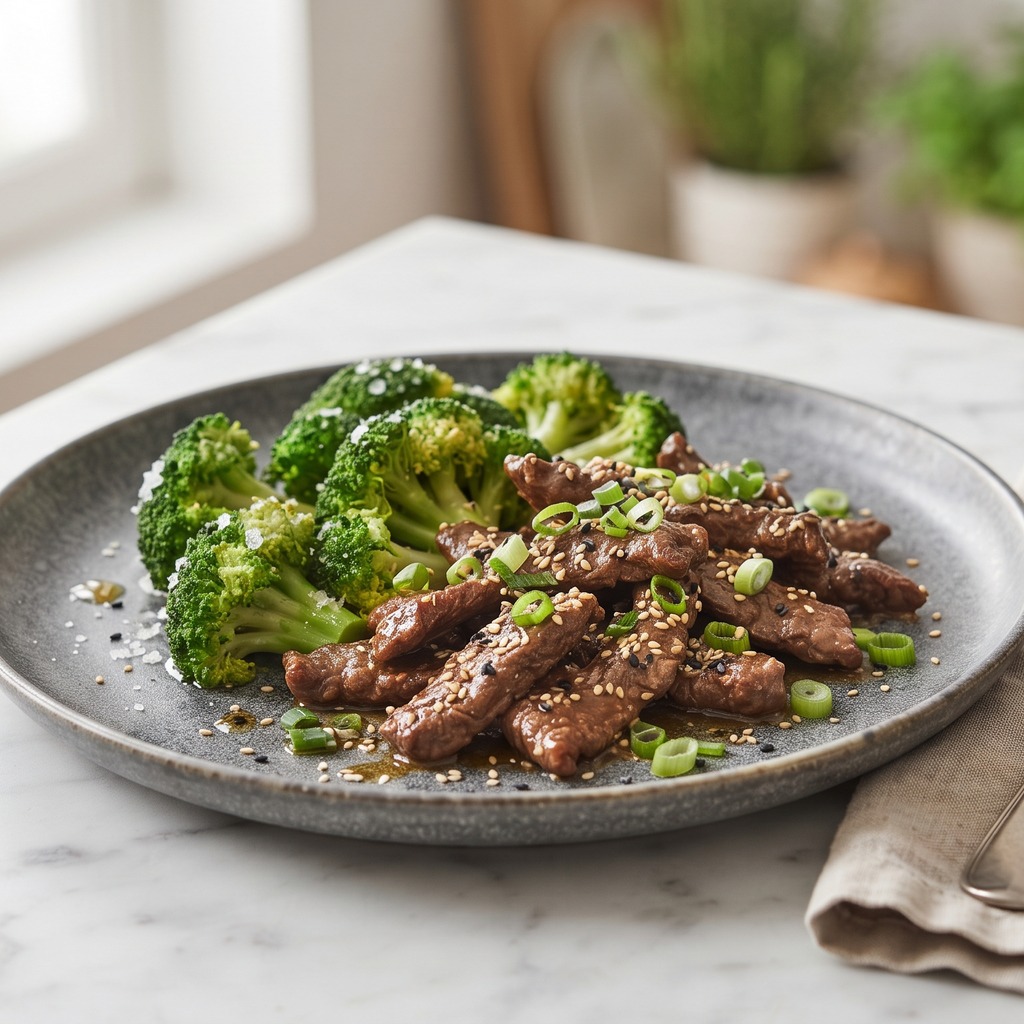 Sauté de bœuf à l'ail et au brocoli, sésame
