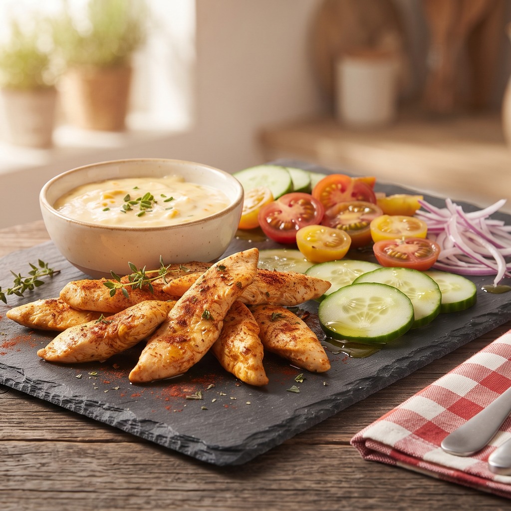 Poulet au paprika, trempette au fromage frais et cheddar
