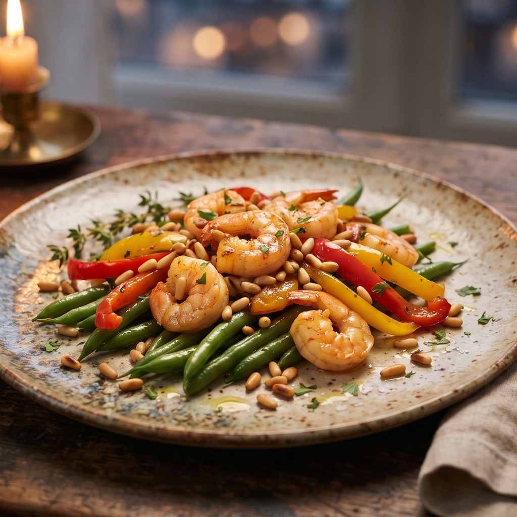 Sauté de crevettes, poivron, haricots verts et pignons grillés