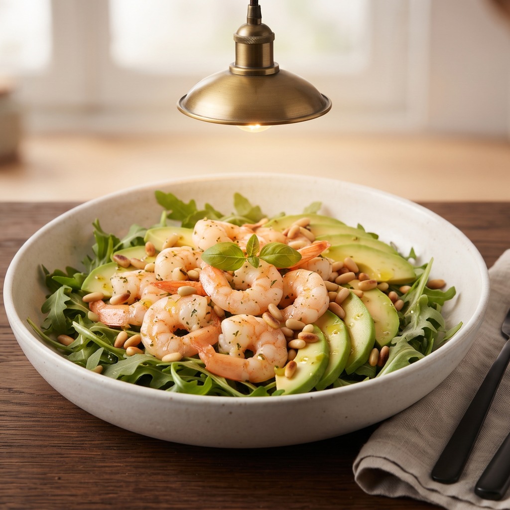 Bol de crevettes, roquette, avocat et pignons de pin
