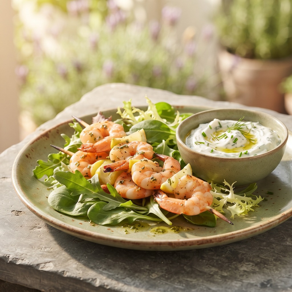 Brochettes de crevettes grillées, trempette au fromage frais