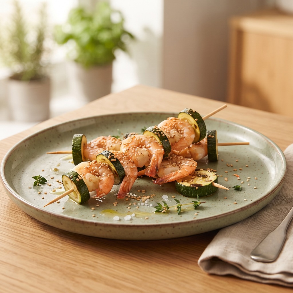 Brochettes de crevettes et courgettes au sésame