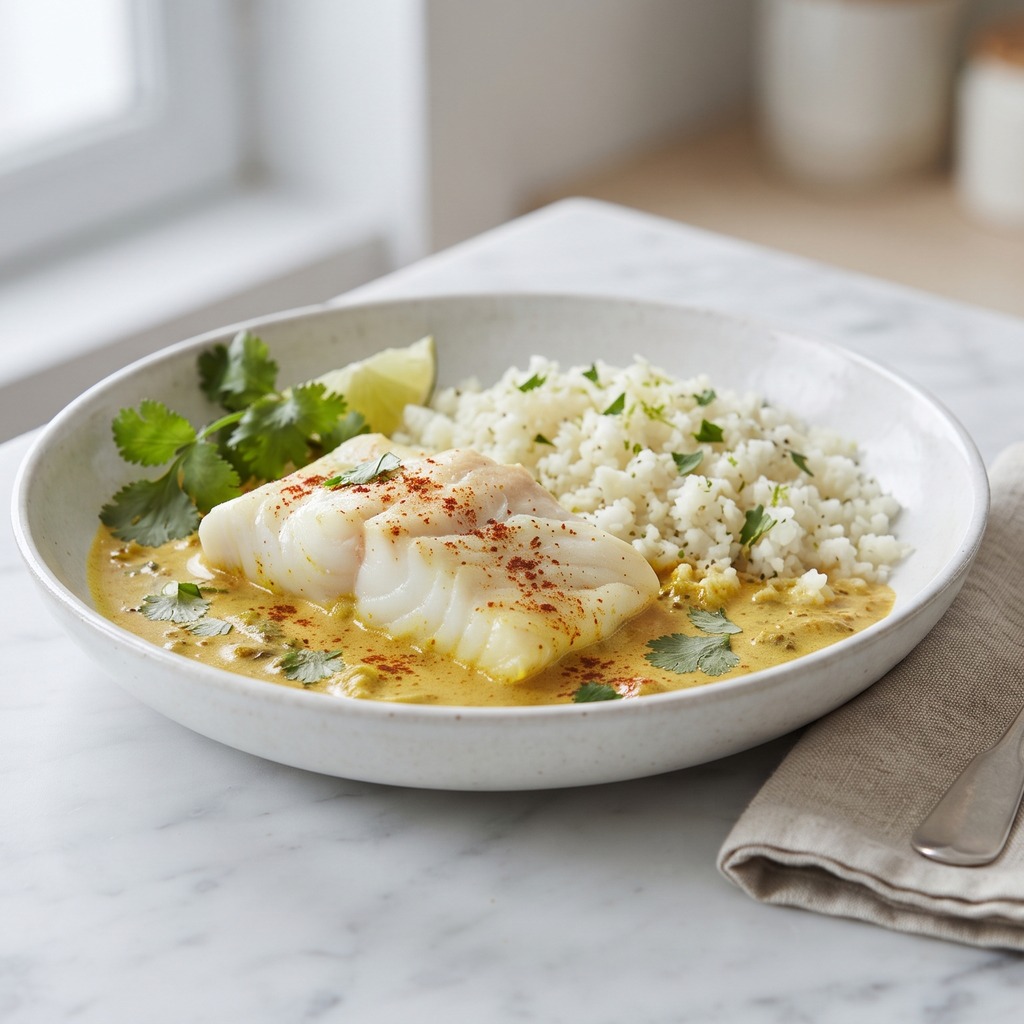 Cabillaud au curry de coco et riz de chou-fleur