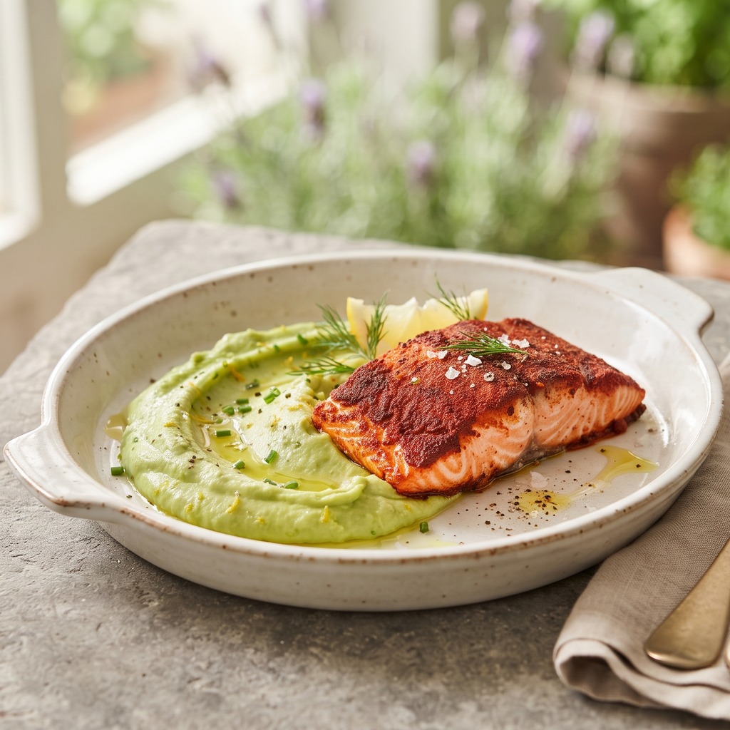 Saumon au paprika fumé, purée d'avocat citronnée