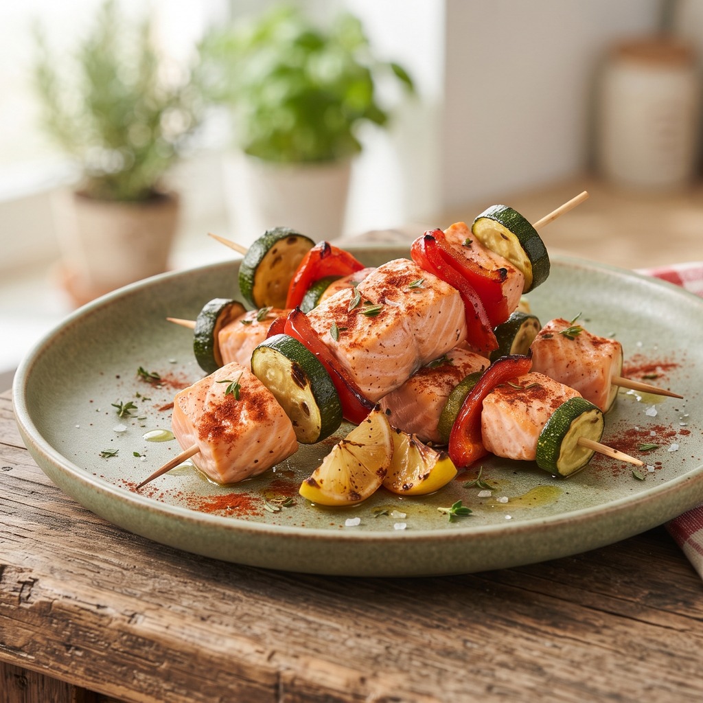 Brochettes de saumon, courgette et poivron au paprika fumé