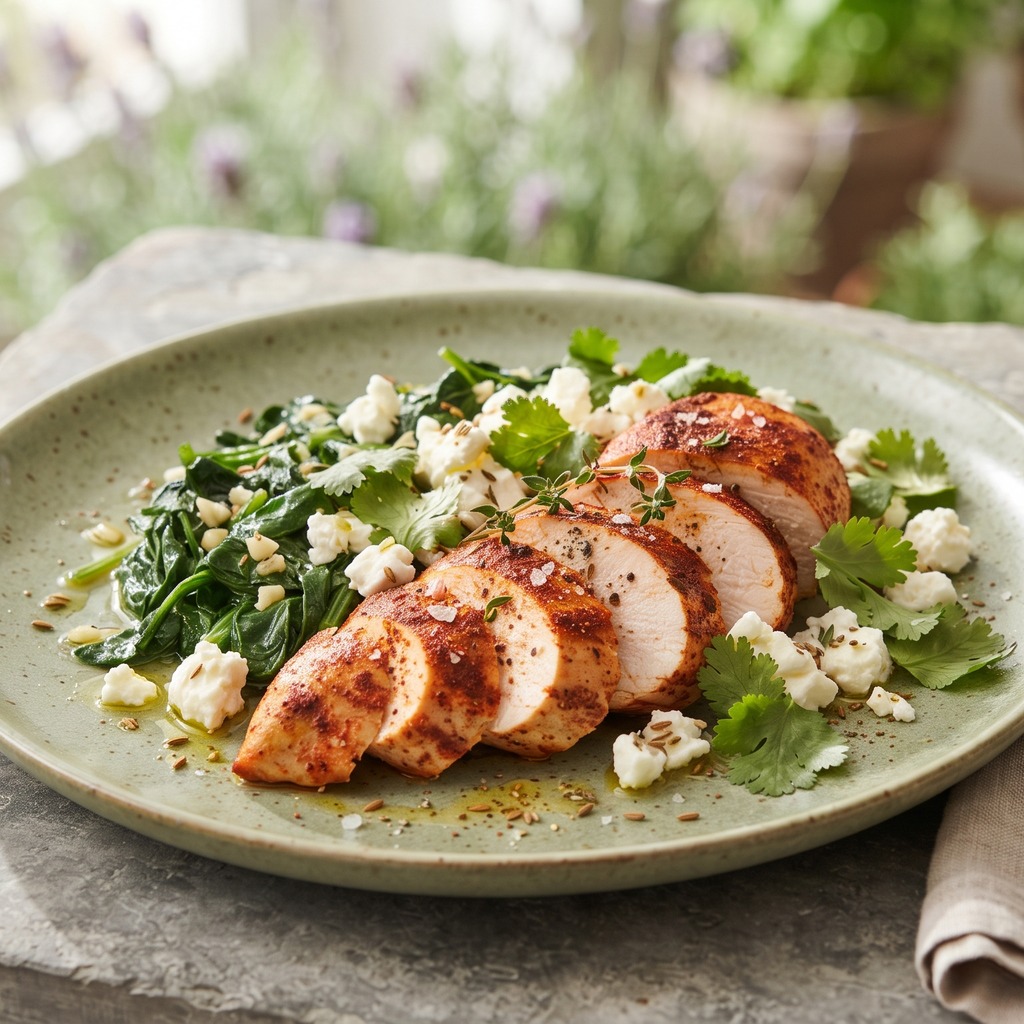 Poulet grillé au paprika, épinards, feta et coriandre