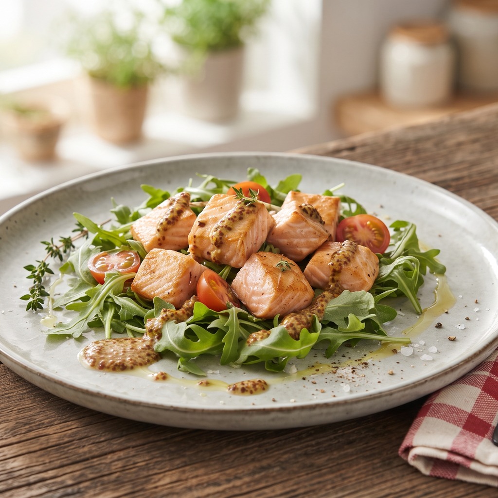 Saumon en cubes, moutarde et roquette