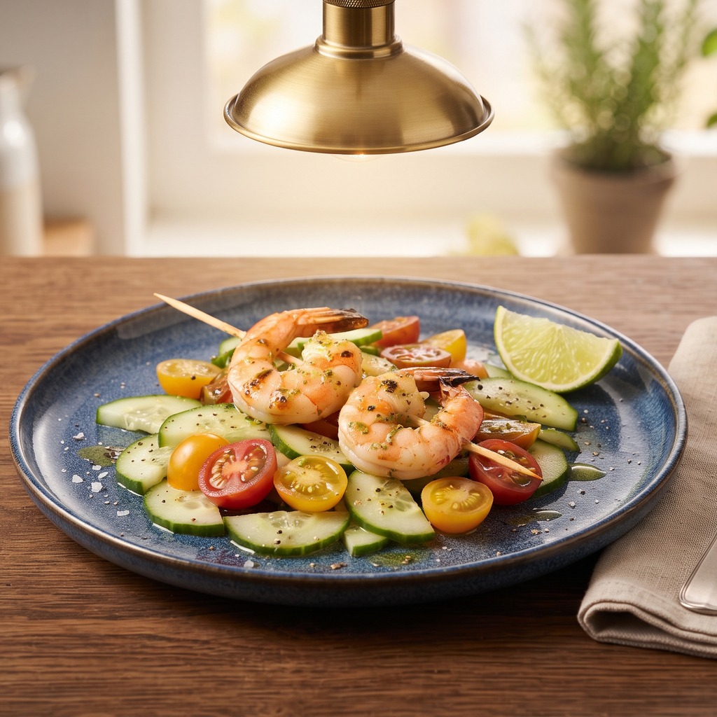 Brochettes de crevettes au citron vert, tomates et concombre
