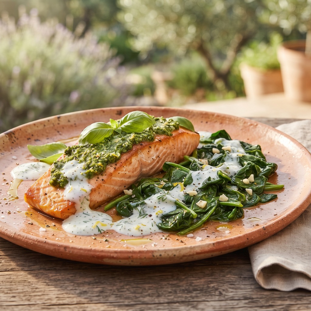 Saumon au basilic, épinards fondus et vinaigrette au yaourt